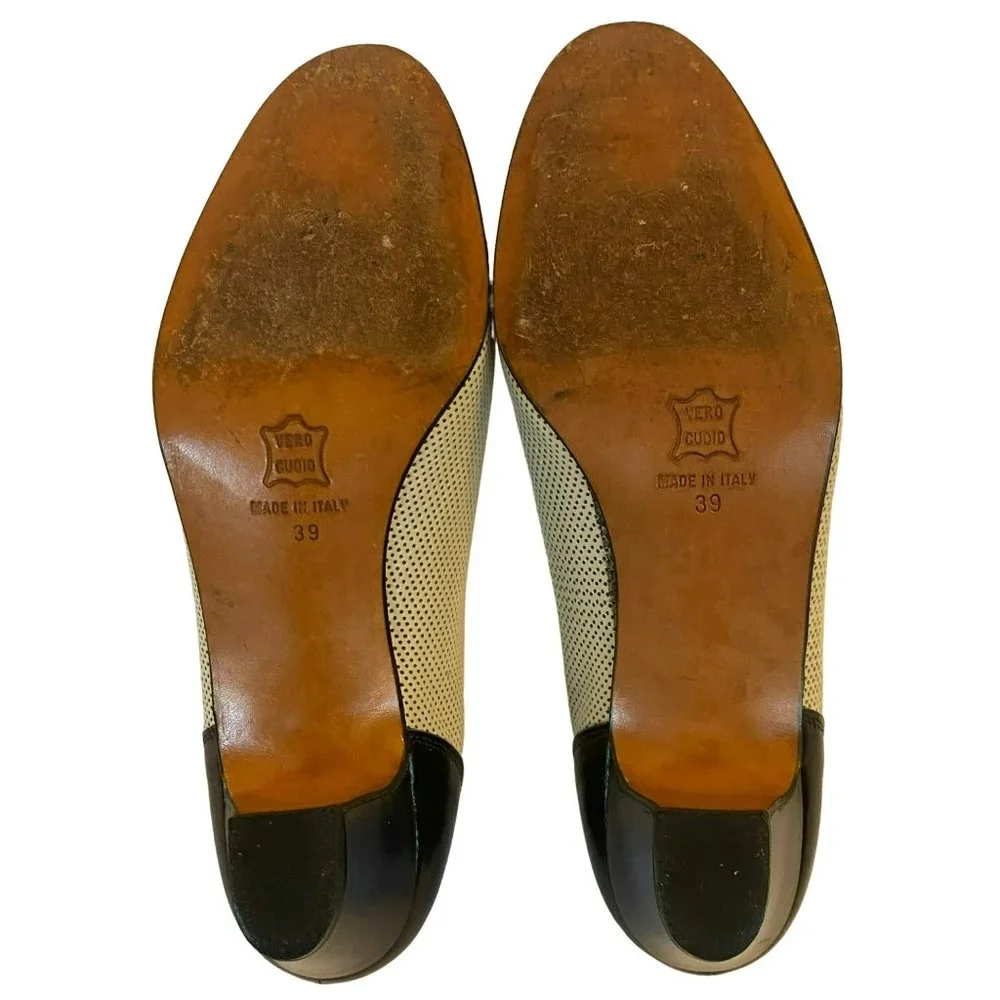 Vintage Breazioni Arabella US9 Heels Shoes Italy Navy White Leather Vero Cuoio - Picture 8 of 9